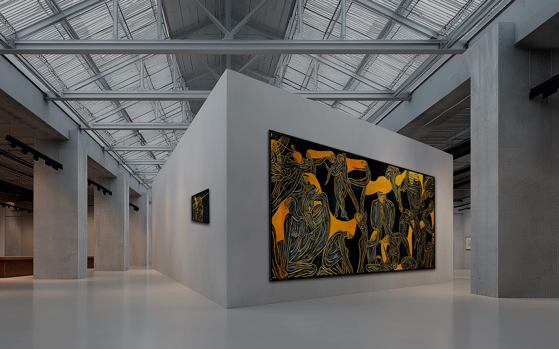 Abstract expressionist painting in red, yellow and black tones featuring three overlapping female faces — banner with the text “Emotional Art. Global Legacy.” promoting the Official Store of artist Juca Máximo with worldwide delivery.