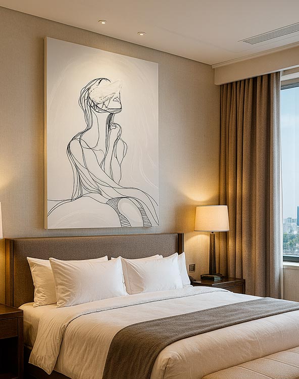 Hotel bedroom with soft lighting and a minimalist linear artwork above the bed.