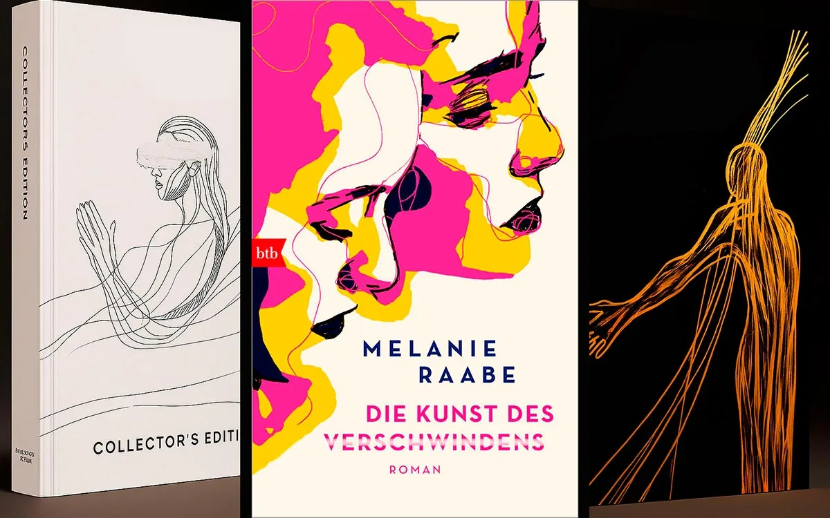 Two book covers side by side: one minimalist line art cover (Collector’s Edition), and one in bold abstract colors by Melanie Raabe. From bestsellers to independent gems, Juca’s expressive paintings turn books into emotional icons. Editorial licensing starts at US$ 998.