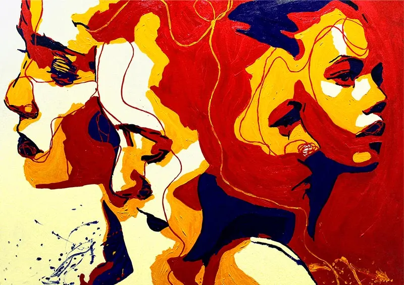 Colorful painting with overlapping female faces expressing identity and self-expression in vibrant red, yellow, and navy tones.