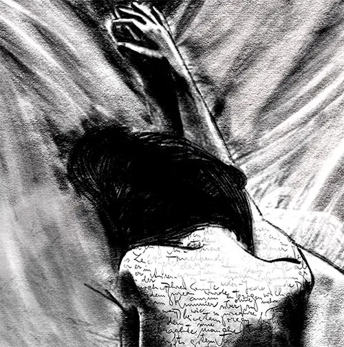 Black ink portrait with expressive contrasts revealing hidden emotional textures and unconscious identity