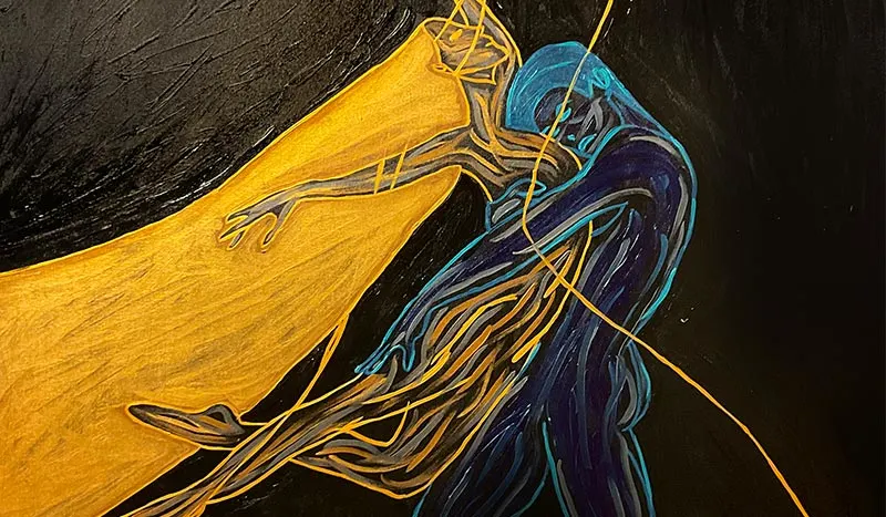 Electric blue body in motion surrounded by golden energy fields, representing Nietzschean power and creative flow.