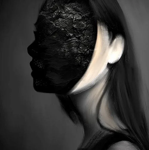 Black-and-white female portrait obscured by light and shadow, evoking themes of absence, memory, and social identity.