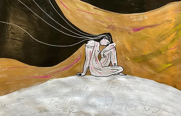 Sacral golden installation with contemplative female figure in white, merging divine silence with human vulnerability.