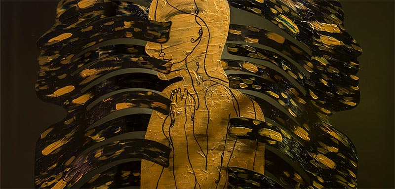 Golden overlapping silhouettes of bodies in architectural composition, blending art and design through sensual lines.
