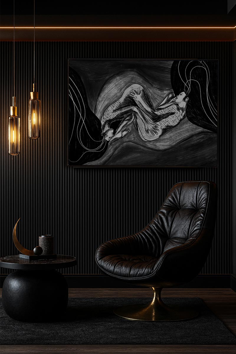 Conceptual ambient interior showcasing a large-scale emotional artwork from Ink Your Skin series in a dark, elegant setting.