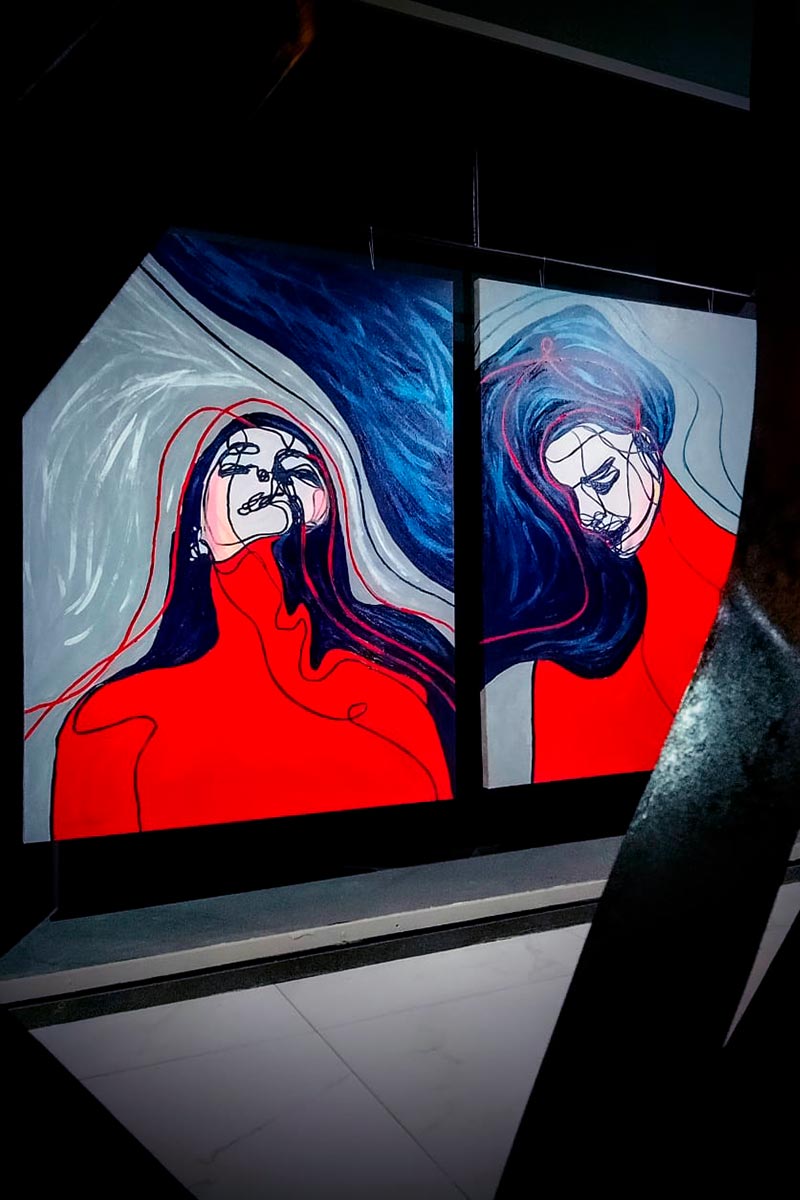 Contemporary figurative diptych by Juca Maximo from the Portrait Colors series, showcasing emotional flow and vibrant movement in large scale.