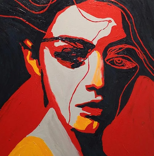 Vivid red and black portrait with bold brushstrokes, capturing youthful passion and emotional immediacy.