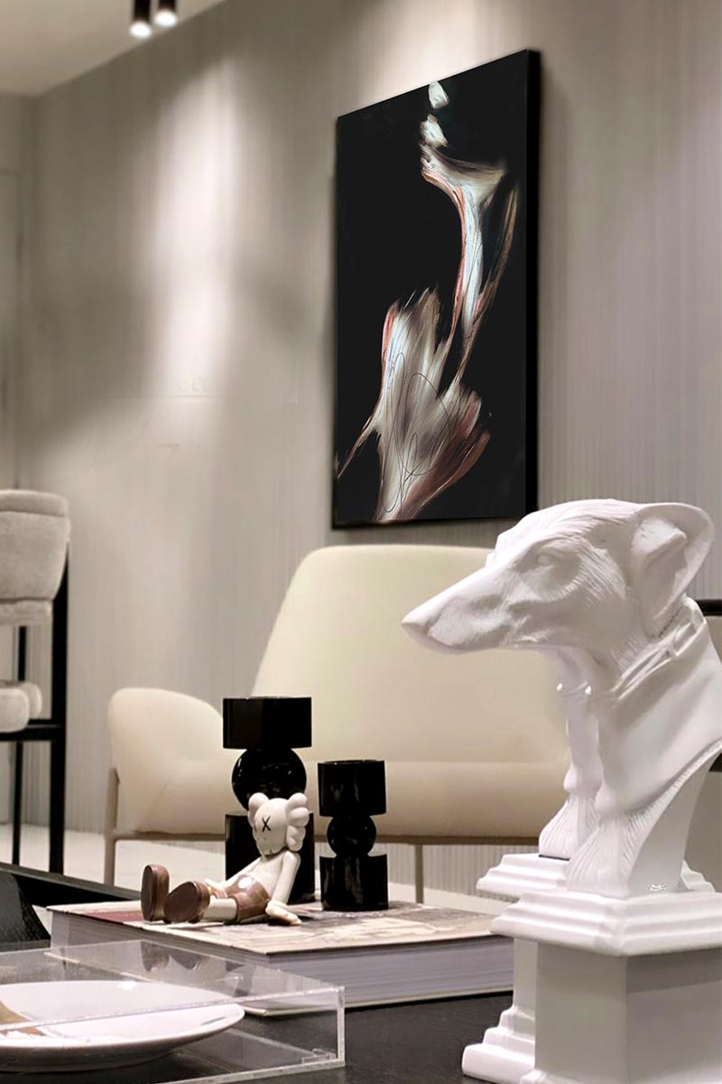 Modern interior with elegant decor featuring Juca Máximo’s sensual painting — an emotional focal point for collectors seeking soulful contemporary art.