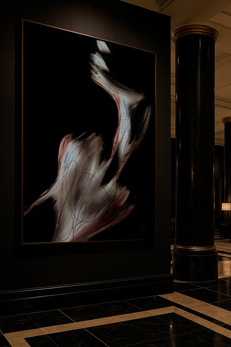 Large-scale sensual abstract female artwork by Juca Máximo displayed in upscale hotel lobby, combining elegance, movement, and deep human feeling.