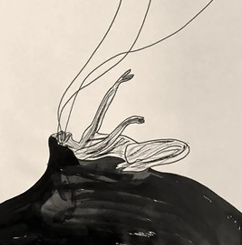 Minimalist black ink sketch on neutral background, revealing the primal gesture before form.