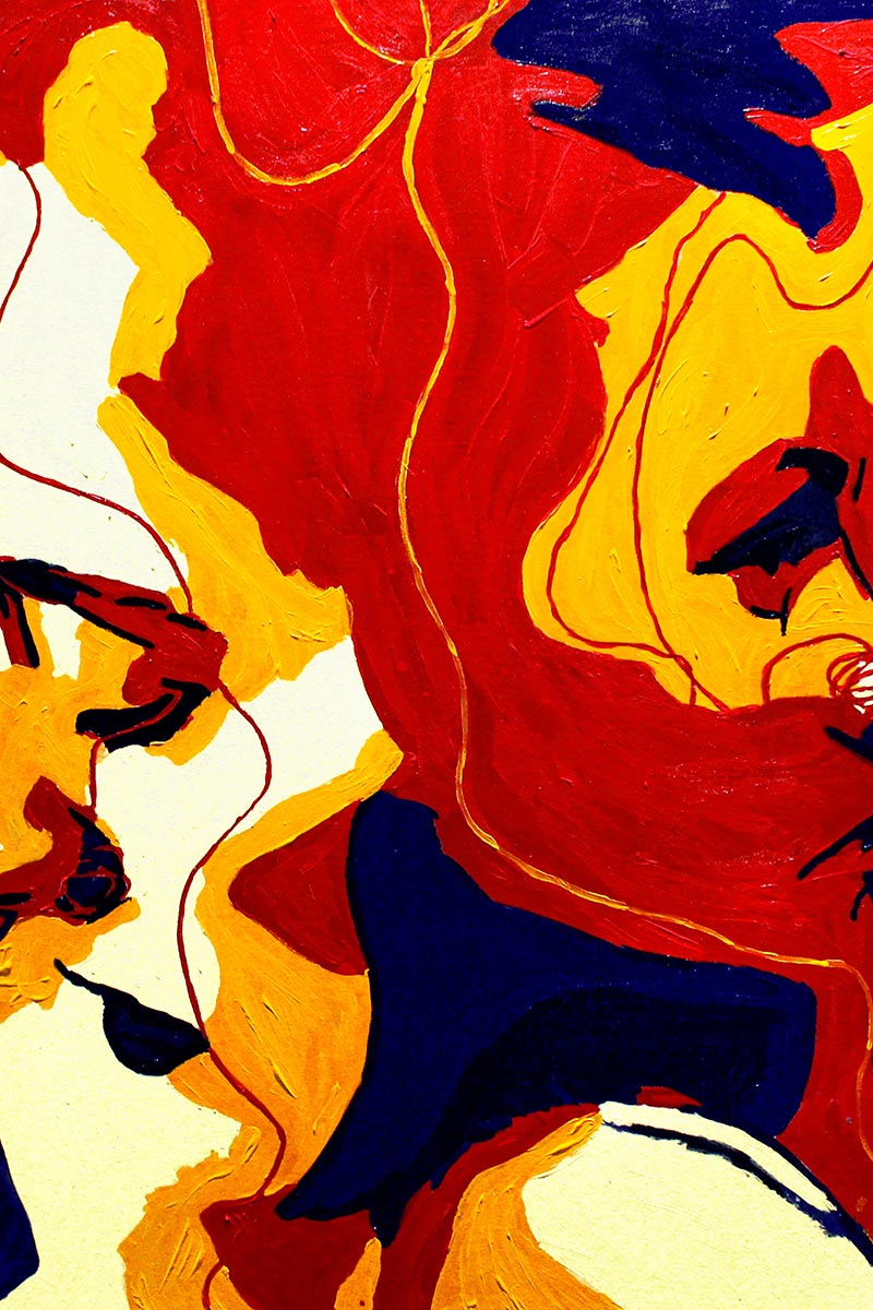Close-up of abstract facial features from the 'Write Your Story' series, emphasizing thick brushstrokes in red, yellow and navy tones.