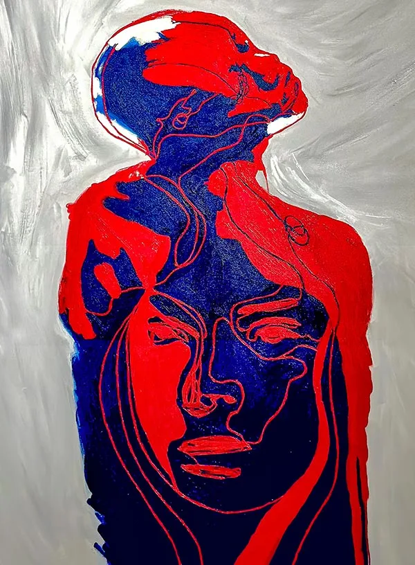 Gestural red and blue female figure with layered skin outlines, symbolizing emotional transformation and inner truth.