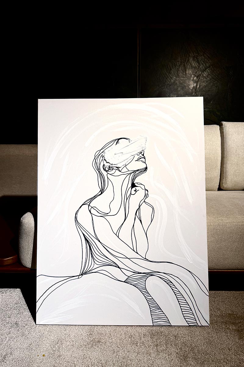 Framed Traces painting with white textured eyes displayed in a modern interior — conceptual art by Juca Maximo.