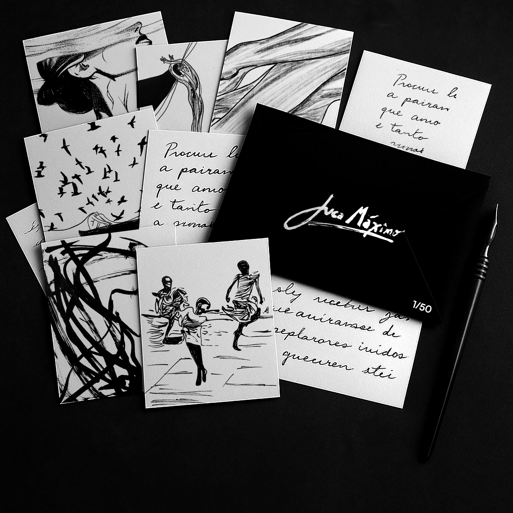 Black-and-white composition featuring Juca Máximo’s “6 Letters + 6 Sketches” project. Original figurative, abstract and expressionist drawings on paper are displayed alongside handwritten letters and a black envelope numbered 1/50, signed by the artist. A unique and unprecedented collecting format in the global art market.