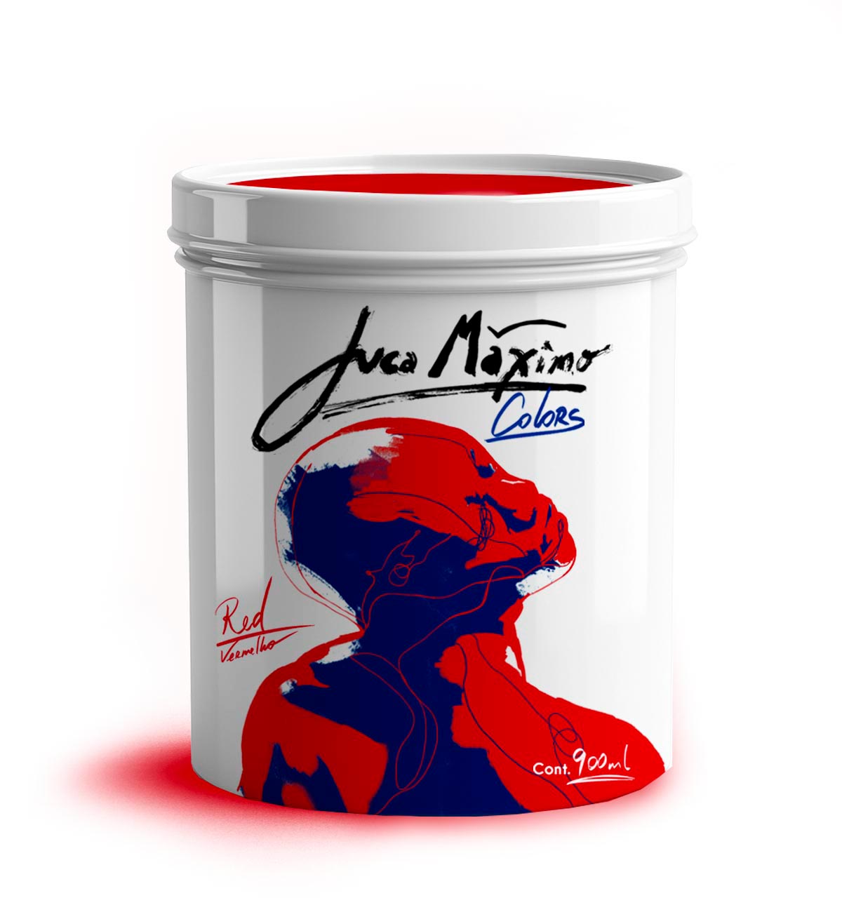 Embalagem da tinta Juca Maximo Colors Vermelho — balde de 900ml com design artístico exclusivo, destacando a força e a paixão em cada traço. Juca Maximo Colors Red paint packaging — 900ml bucket with exclusive artistic design, highlighting strength and passion in every stroke.
