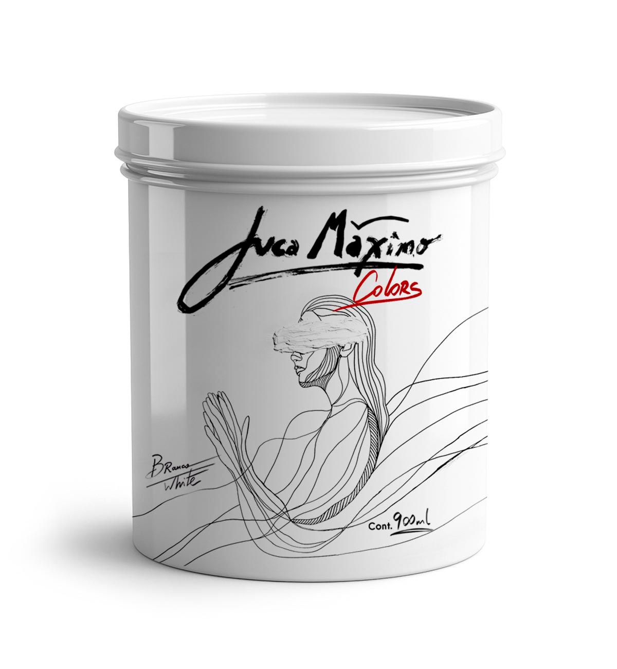 Embalagem da tinta Juca Maximo Colors Branco — balde de 900 ml com design artístico exclusivo, representando a luz absoluta e essencial para o gesto criativo. Juca Maximo Colors White paint packaging — 900 ml bucket with exclusive artistic design, representing absolute light and essential presence for the creative gesture.