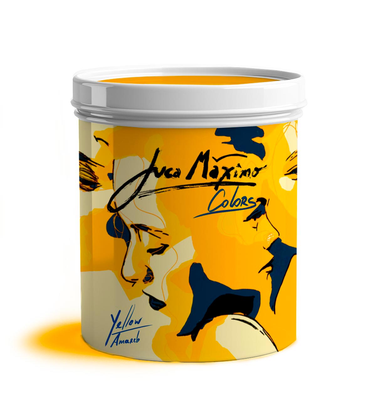 Embalagem da tinta Juca Maximo Colors Amarelo — balde de 900 ml com design artístico exclusivo, representando a cor que eleva a alma com energia e vibração. Juca Maximo Colors Yellow paint packaging — 900 ml bucket with exclusive artistic design, representing the color that elevates the soul with energy and vibrance.