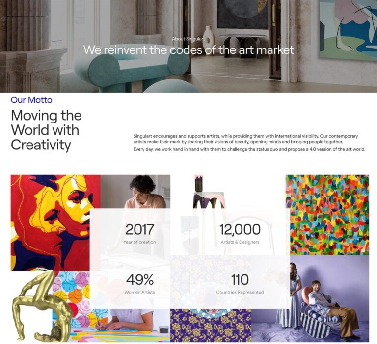 Screenshot of Singulart’s official About page featuring Juca Máximo’s artwork among images representing the global community of 12,000 artists and designers from 110 countries. The page highlights Singulart’s motto “Moving the World with Creativity” and showcases colorful contemporary paintings, sculptures, and design pieces symbolizing the diversity of international art.