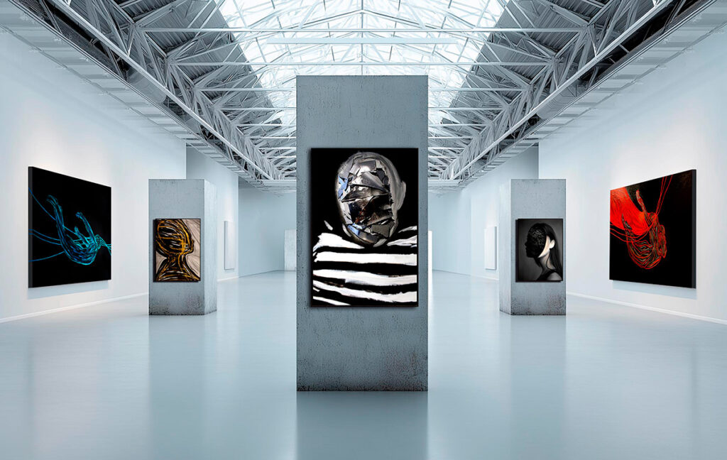 Hyper-realistic view of the Parallel Season — Art Basel Paris 2025 digital exhibition by internationally awarded artist Juca Máximo, curated by Giulia Falcone. Contemporary art installation inside a minimalist white gallery, featuring large-scale abstract paintings in black, gold, red, and blue tones, symbolizing energy, emotion, and transformation. Curated for the Juca Máximo Pavilion — an immersive digital art experience inspired by light, presence, and emotion.