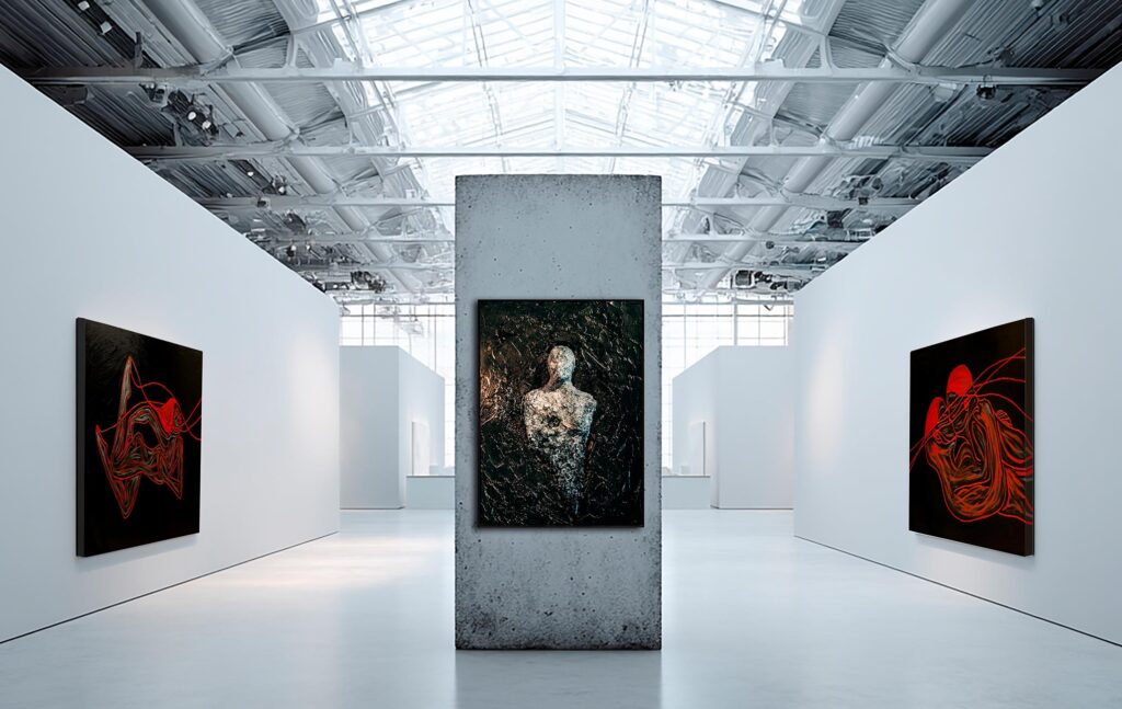 Shadows and Signals — Juca Máximo Solo Show, curated by Giulia Falcone (Art Expert and Curator). Parallel Season – Art Basel Paris 2025. Exhibition view in a white minimalist room featuring abstract expressionist artworks from the series curated and selected by Giulia Falcone.