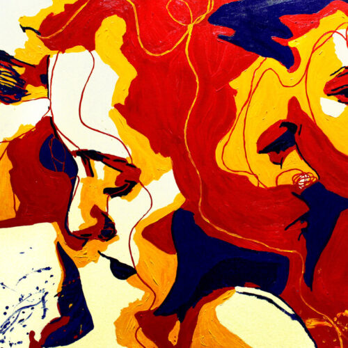 juca-maixmo-write-your-story-I Juca Maximo – Write Your Story I – Hand-Painted Original 2/3 – expressive female portrait in red and yellow layers, emotional gestural lines, contemporary fine art painting exploring identity, memory and transformation.