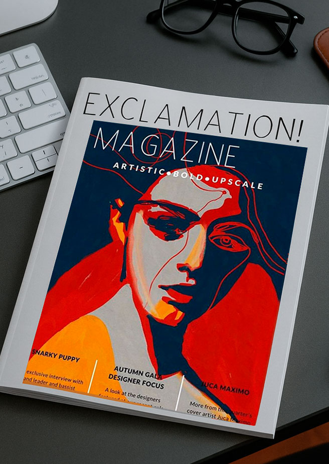 Modern magazine cover featuring Juca Máximo’s ‘Portrait Colors’ series — a bold, fashion-inspired expressive portrait with vivid red, blue and orange shapes. Artistic, upscale and graphic, ideal for fashion editorials, creative direction, book covers, branding projects, magazine features and global art licensing collaborations with design and marketing agencies.