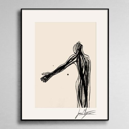 juca-maximo-digital-artwork-the-miracle1 Minimal expressive ink artwork titled “The Miracle”, depicting an abstract human figure extending an arm, created by internationally awarded Brazilian artist Juca Máximo. Black gestural lines on a soft beige background, framed with the artist’s signature, collectible digital edition.