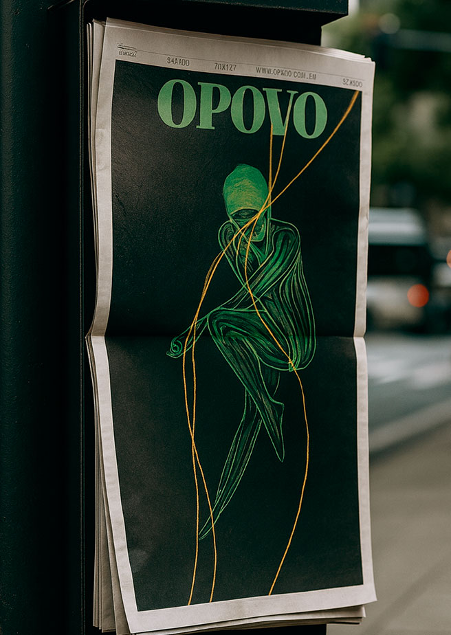 Newspaper cover featuring Juca Máximo’s ‘Energy Series’ artwork: a neon-green abstract human form intertwined with golden energy lines on a deep black background. Striking contemporary visual used in press and editorial contexts. Perfect for licensing in newspapers, magazines, advertising campaigns, cultural articles, creative marketing projects and editorial design studios.