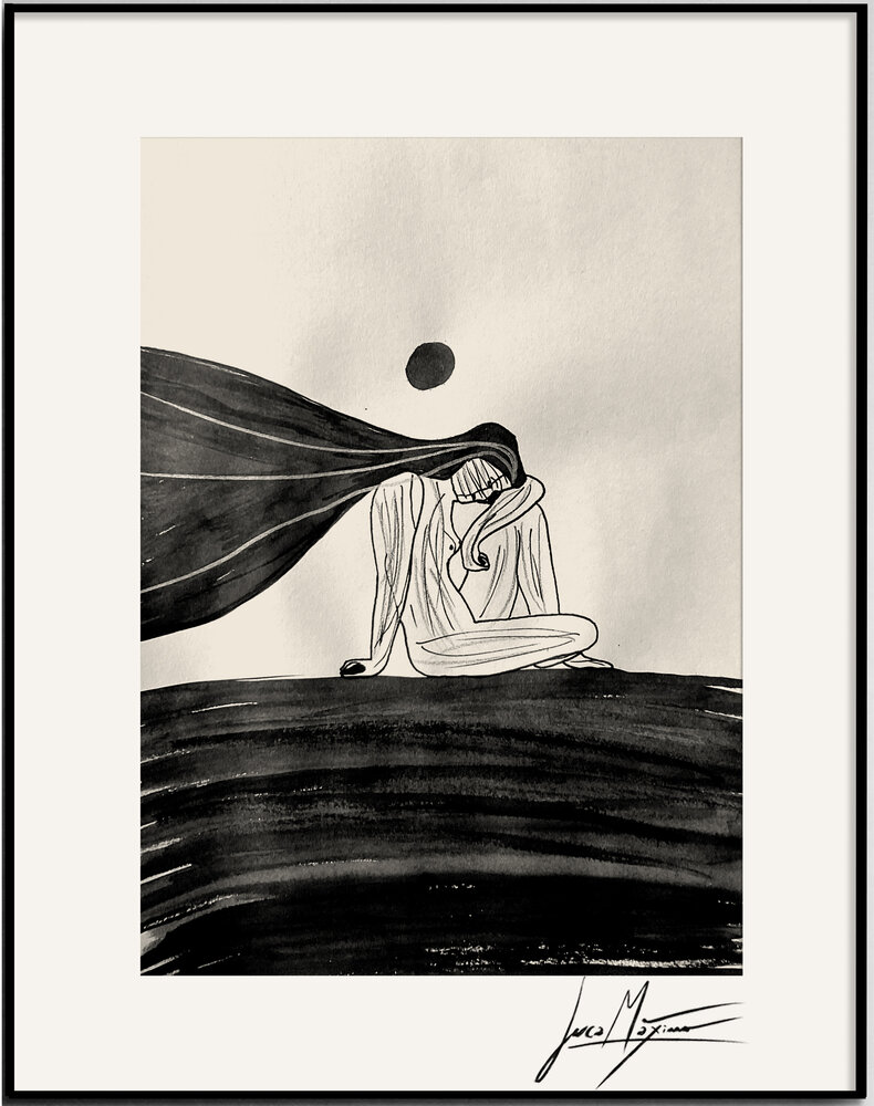 juca-maximo-original-sketch Original hand-drawn ink artwork by internationally awarded Brazilian artist Juca Máximo. The image shows a solitary female figure seated with her head lowered, long flowing hair extending into the background, and a dark circular element above her. Minimalist black-ink gesture over a soft neutral background, signed by the artist. Ideal for fine art collectors, emotional expression and contemporary interior design.