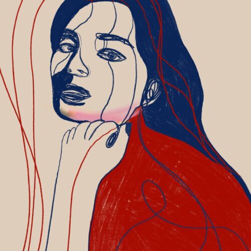 juca-maximo-portrait_colors-XVIII Portrait Colors XVIII – She Holds Her Own Voice. A minimalist feminine portrait drawn with expressive blue and red lines. The figure looks slightly upward with a calm but introspective expression while her hand gently touches her chin. Fluid red and blue contours overlap the face and body, suggesting emotion, memory, and inner voice. The background is beige, creating contrast with the bold colors and emphasizing the conceptual linework.