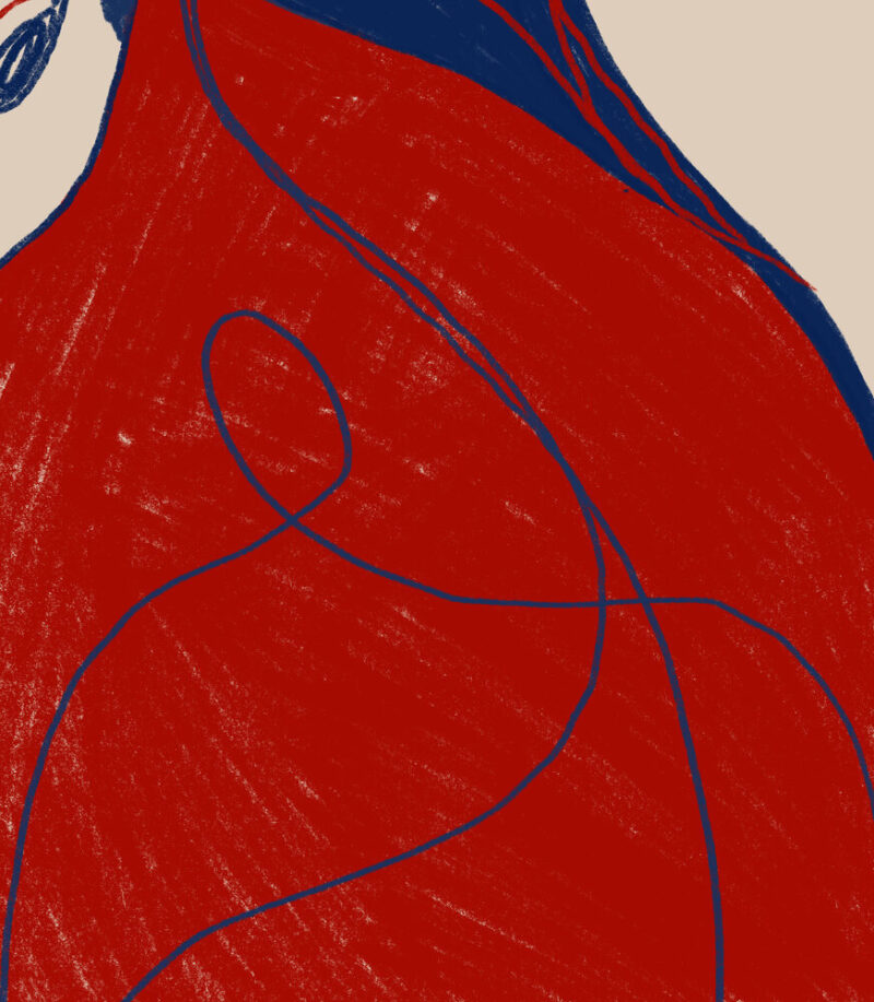 juca-maximo-portrait_colors-XVIII-closeup1 Portrait Colors XVIII – She Holds Her Own Voice. A minimalist feminine portrait drawn with expressive blue and red lines. The face shows quiet introspection while fluid contours overlap the figure, suggesting emotion, memory, and inner voice. Clean background enhances the contrast and the conceptual style.