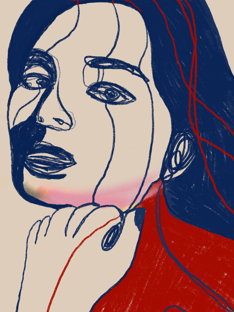 juca-maximo-portrait_colors-XVIII-closeup2 Portrait Colors XVIII – She Holds Her Own Voice. A minimalist feminine portrait drawn with expressive blue and red lines. The face shows quiet introspection while fluid contours overlap the figure, suggesting emotion, memory, and inner voice. Clean background enhances the contrast and the conceptual style.