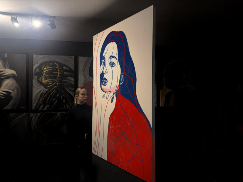 juca-maximo-portrait_colors-XVIII-insitu1 Portrait Colors XVIII – She Holds Her Own Voice. A minimalist feminine portrait drawn with expressive blue and red lines. The face shows quiet introspection while fluid contours overlap the figure, suggesting emotion, memory, and inner voice. Clean background enhances the contrast and the conceptual style.