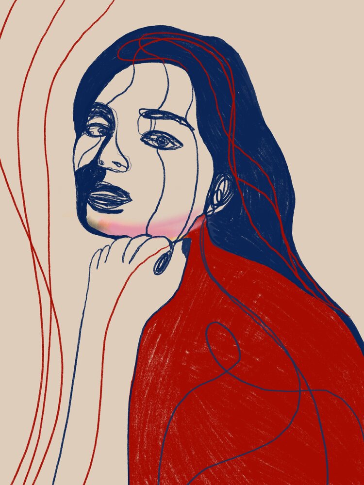 juca-maximo-portrait_colors-XVIII Portrait Colors XVIII – She Holds Her Own Voice. A minimalist feminine portrait drawn with expressive blue and red lines. The figure looks slightly upward with a calm but introspective expression while her hand gently touches her chin. Fluid red and blue contours overlap the face and body, suggesting emotion, memory, and inner voice. The background is beige, creating contrast with the bold colors and emphasizing the conceptual linework.