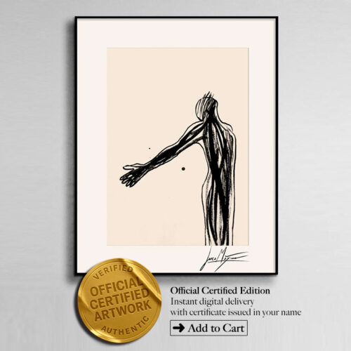 juca-maximo-sketch-digital-product Sketch n°36 by Juca Máximo. Black ink figure drawing with extended arm, framed on a light wall. Official Certified Edition digital artwork with gold authenticity seal and Add to Cart call to action.