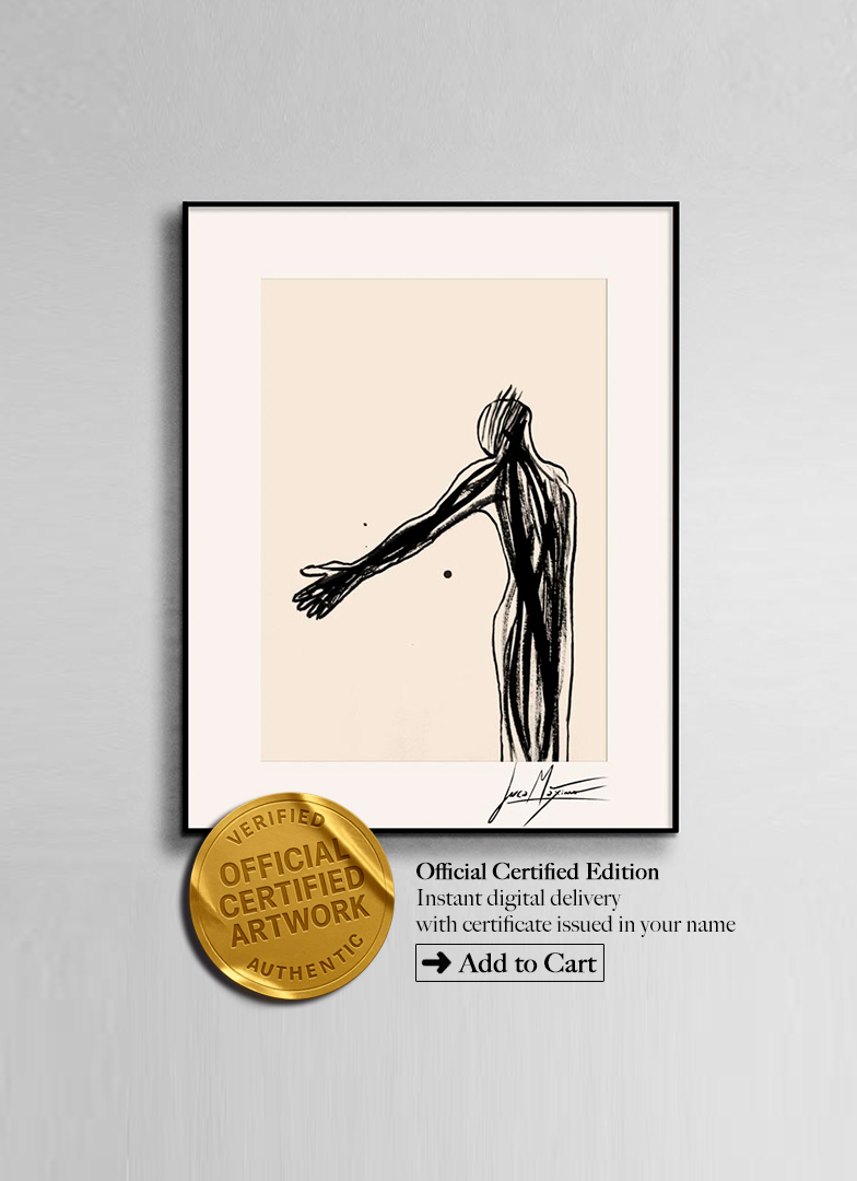 juca-maximo-sketch-digital-product Sketch n°36 by Juca Máximo. Black ink figure drawing with extended arm, framed on a light wall. Official Certified Edition digital artwork with gold authenticity seal and Add to Cart call to action.