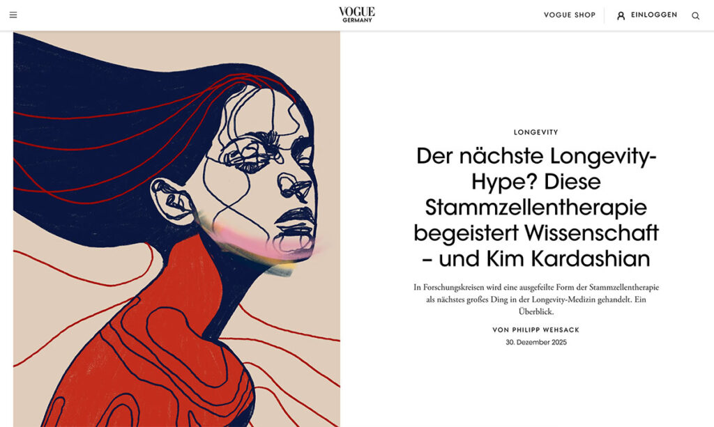 Editorial illustration by Juca Máximo featured in Vogue Germany for an article on longevity and stem cell therapy, referencing Kim Kardashian, with expressive contemporary portrait and flowing gesture.