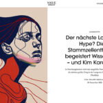 Editorial illustration by Juca Máximo featured in Vogue Germany for an article on longevity and stem cell therapy, referencing Kim Kardashian, with expressive contemporary portrait and flowing gesture.