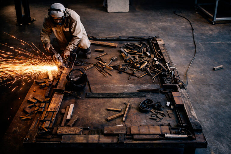 Artist welding an iron installation in the studio, sparks flying as metal fragments and tools surround the worktable during the construction process of the Absence installation.
