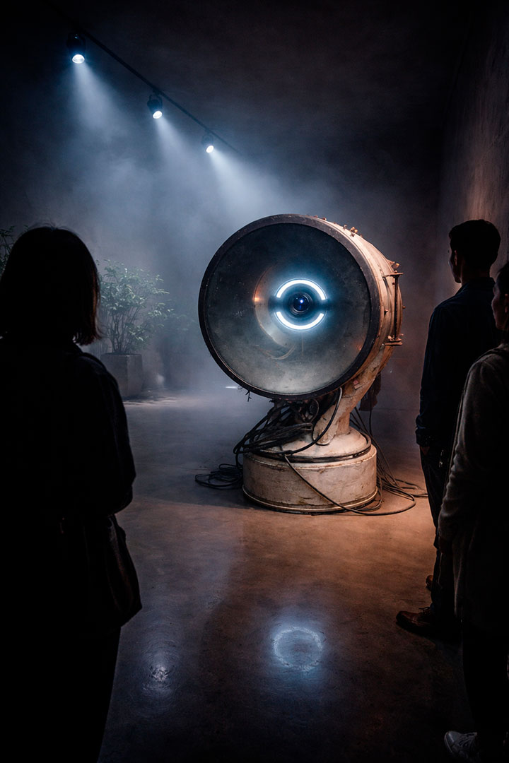DORAi AI art installation by Juca Máximo featuring a circular illuminated sculptural structure interacting with viewers in a contemporary exhibition space Instalação artística DORAi de Juca Máximo com estrutura escultural circular iluminada interagindo com o público em ambiente expositivo contemporâneo