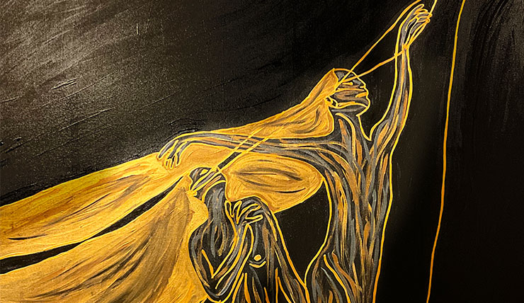 Electric blue body in motion surrounded by golden energy fields, representing Nietzschean power and creative flow.