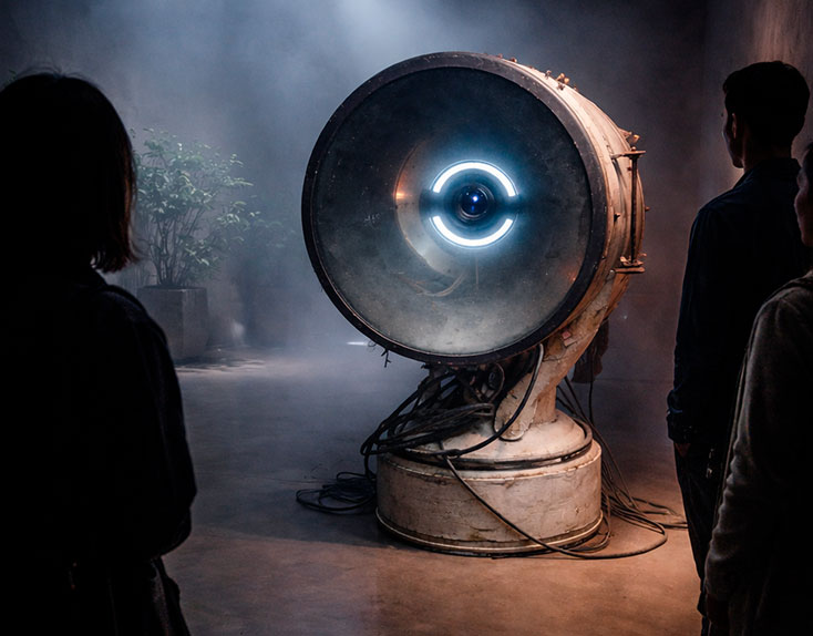 DORAi by Juca Máximo, immersive art installation combining human presence and artificial intelligence, large-scale interactive sculpture with light and industrial design, contemporary experiential artwork for museums, galleries and architectural spaces