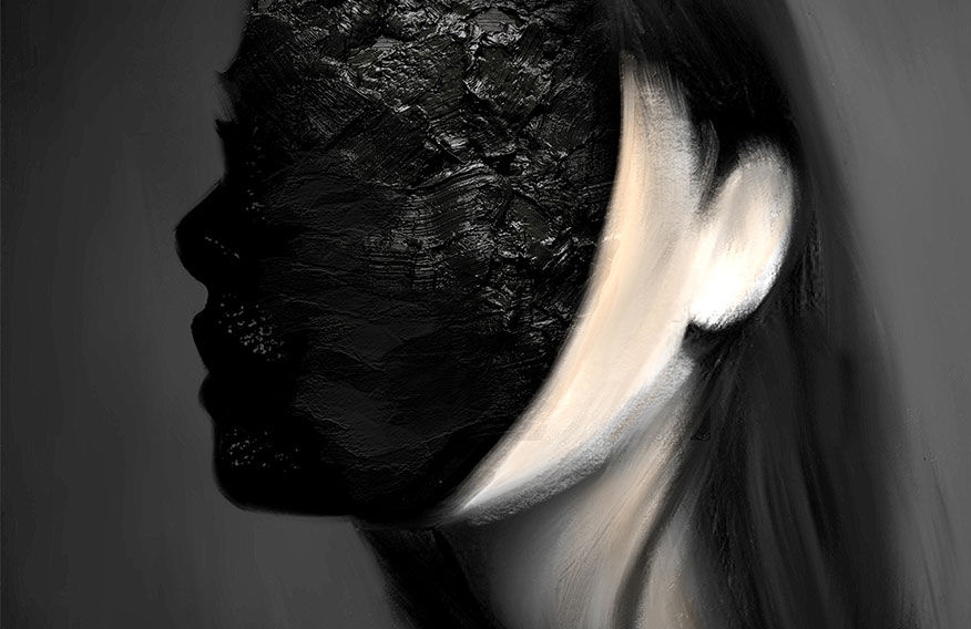 Black-and-white female portrait obscured by light and shadow, evoking themes of absence, memory, and social identity.