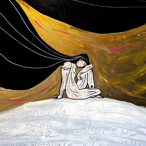 Sacral golden installation with contemplative female figure in white, merging divine silence with human vulnerability.