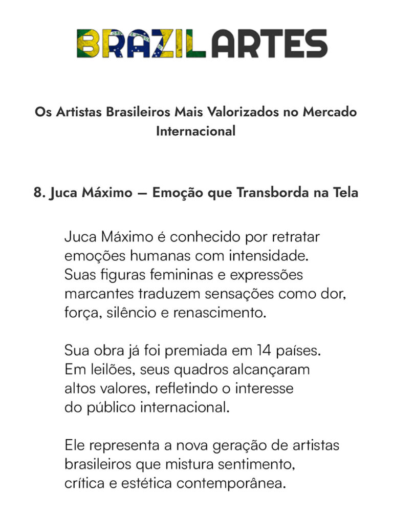 Juca Máximo entre os artistas brasileiros mais valorizados no mercado internacional segundo Brazil Artes