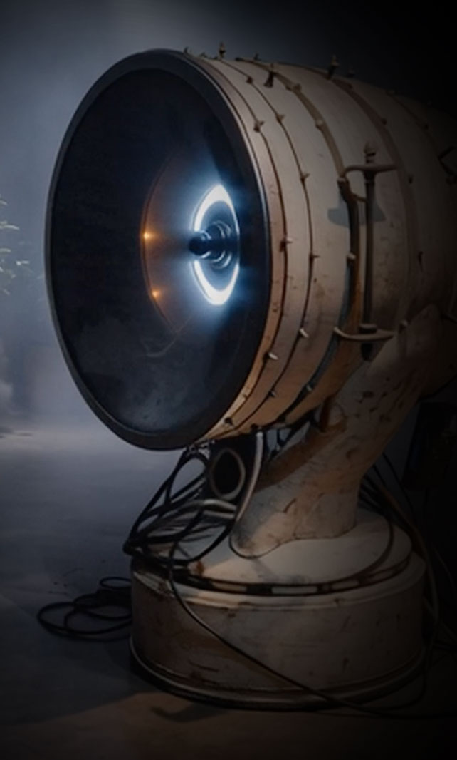 Escultura da instalação DORAi vista lateralmente com estrutura náutica industrial, sistema de iluminação circular e base mecânica em ambiente expositivo / Side view of DORAi art installation sculpture with industrial nautical structure, circular lighting system and mechanical base in exhibition space