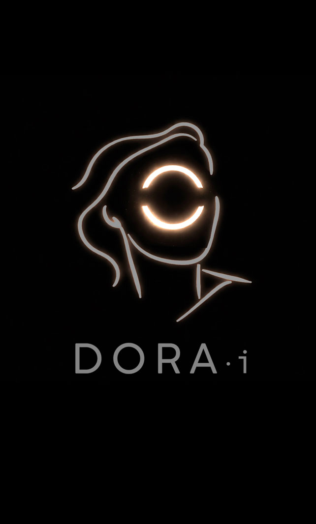 Logotipo da DORAi com ilustração minimalista de rosto e elemento circular luminoso representando inteligência artificial e consciência / DORAi logo featuring minimalist face illustration with glowing circular element representing artificial intelligence and consciousness