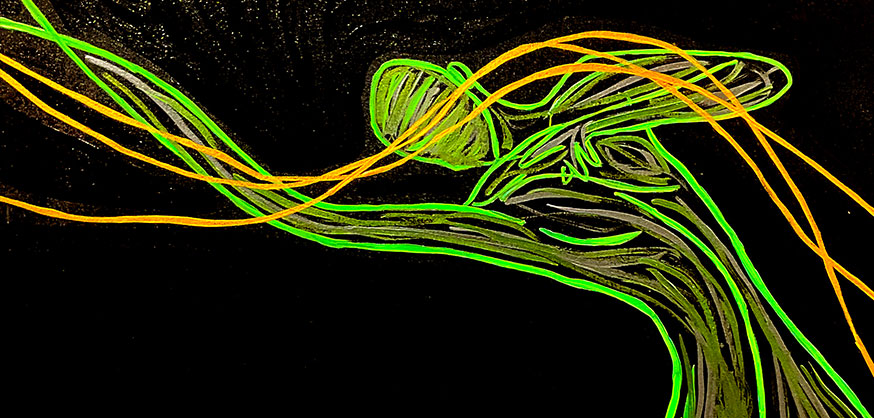 Juca Máximo Energy series painting – green fluid human figure expressing movement, emotional states and energy through contemporary body art.