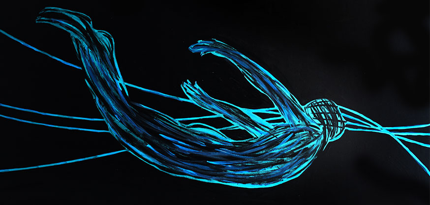 Juca Máximo Gravity series painting – blue human figure in suspension representing emotional tension, body movement and energy in contemporary art.